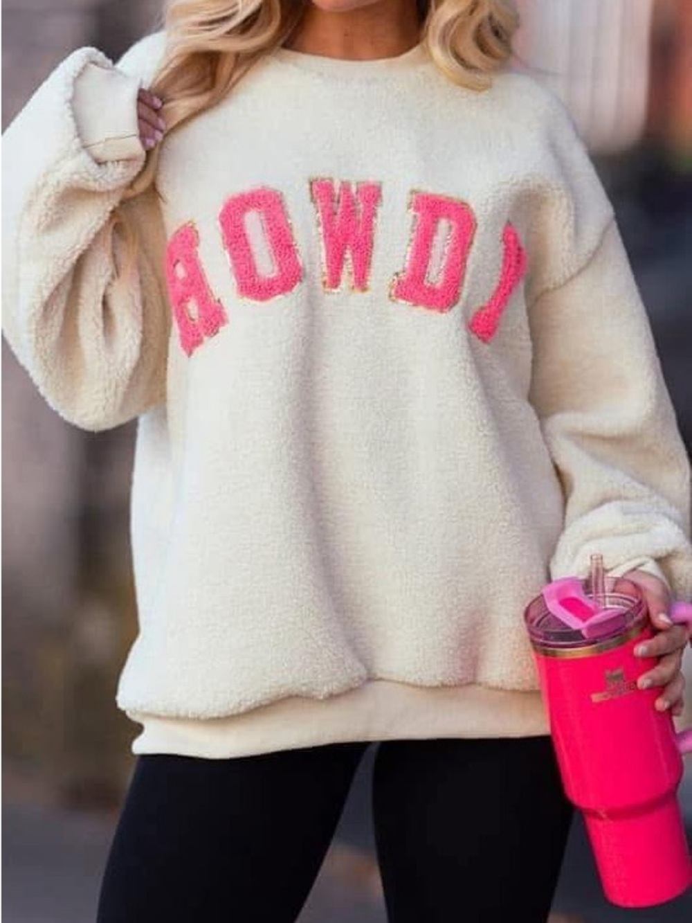 Cream 'Howdy' Cozy Fleece Sweater with Pink Lettering